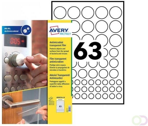 AVERY Ronde antimicrobiÃle stickers Ã 35 mm transparant permanent klevend AM00CA4 10